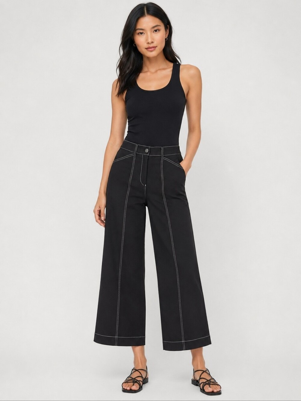 ❤️ NICOLE MILLER HIGH RISE WIDE LEG LIGHTWEIGHT CROPPED PANTS, CONTRAST STITCH